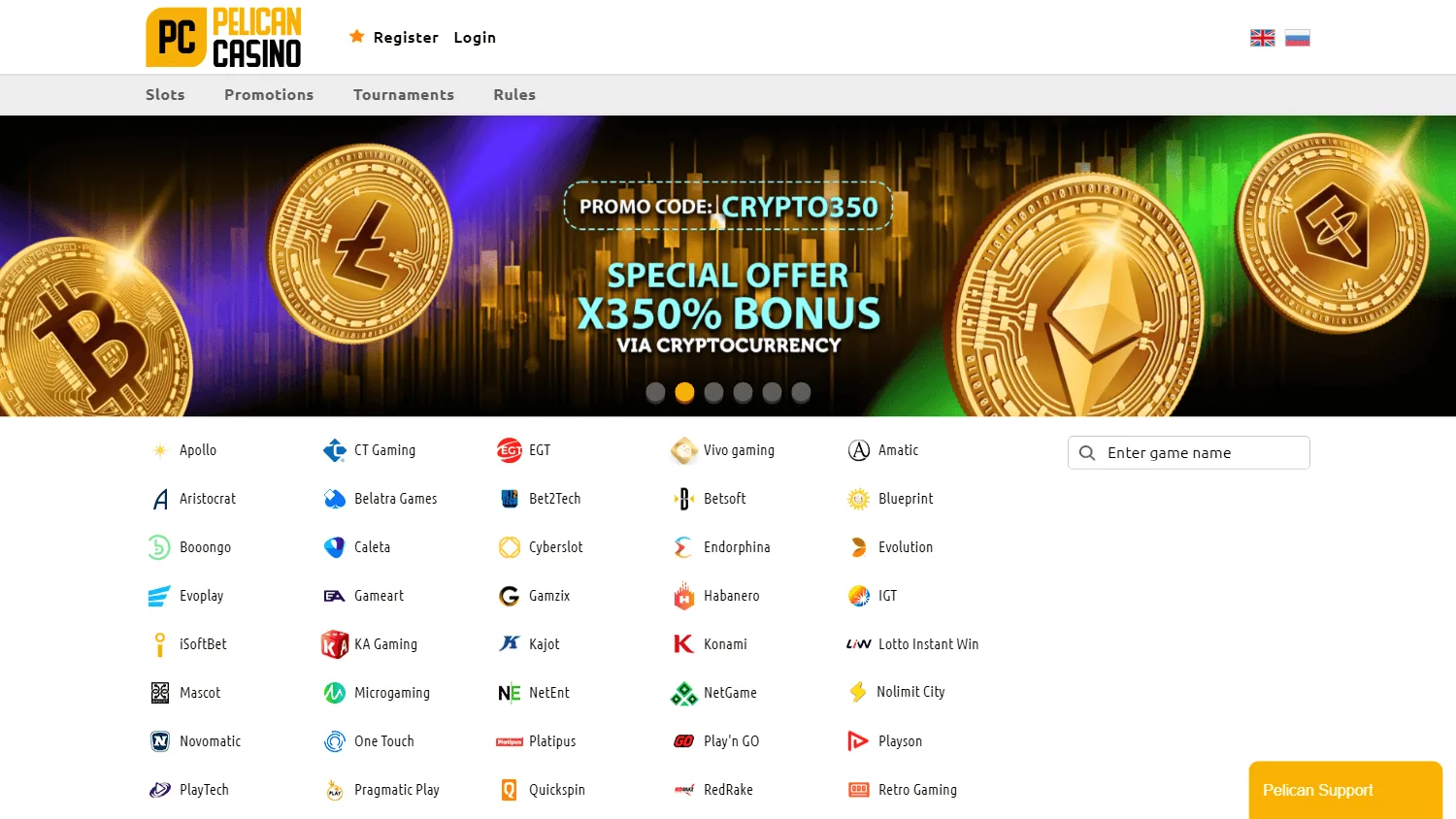 Pelican Casino desktop home interface with casino access and AUD support