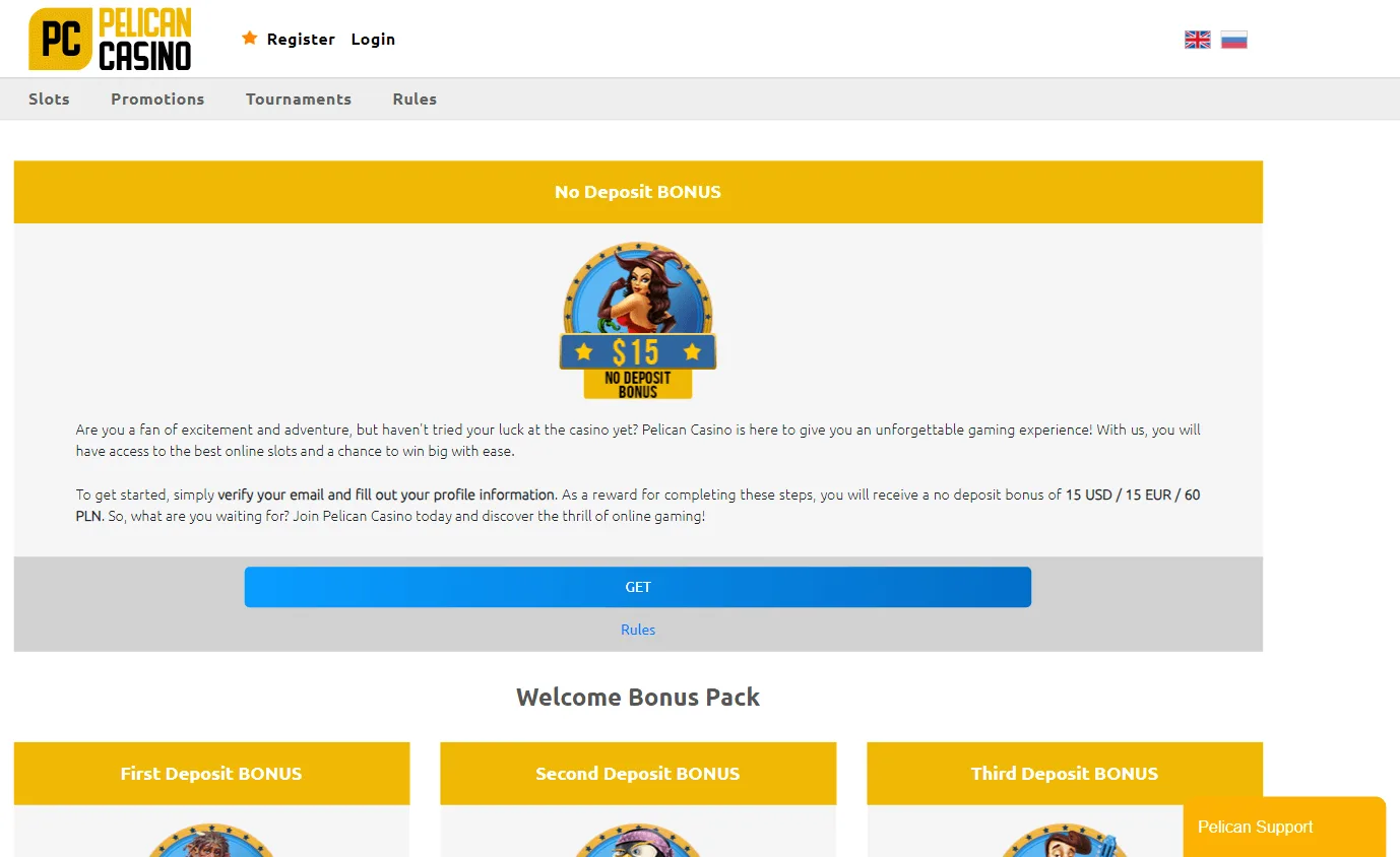 Pelican Casino desktop promotions area with deposit bonuses and free spins offers